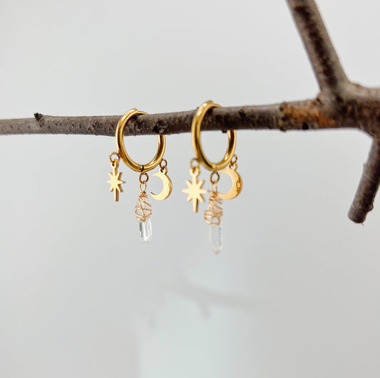 SAGA • Bergkristall Ohrringe mit Mond & Stern