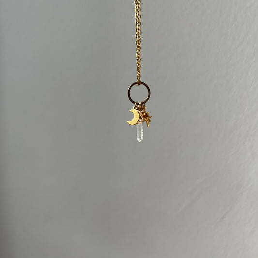 SAGA • Edelstahl Kette mit Bergkristall, Mond & Stern