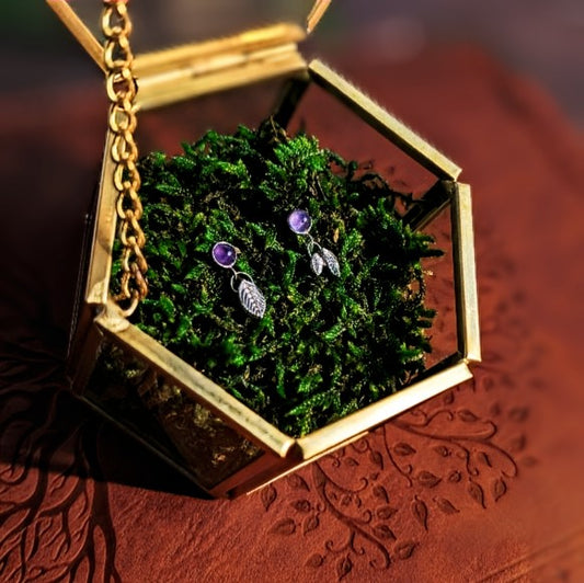 SPELLLEAF - Ohrringe | 925 Silber & 999 Silber, Stecker mit Amethyst und Blattanhänger