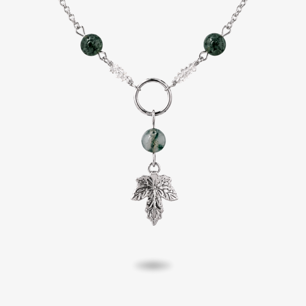ELOWEN - Kette mit Efeublatt, Moosachat & Herkimer Diamant