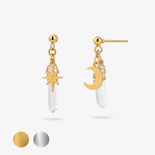 SAGA ✦ Ohrstecker mit Bergkristall, Stern und Mond