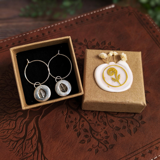 FORREST RELIC - Ohrringe | 925 Silber & 999 Silber, Creolen mit Blattabdruck