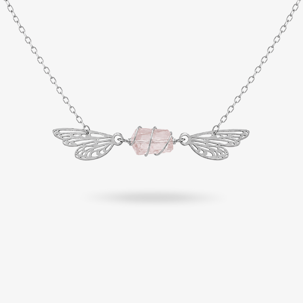 FEYRA ✦ Choker Kette mit Rosenquarz und Feenflügeln