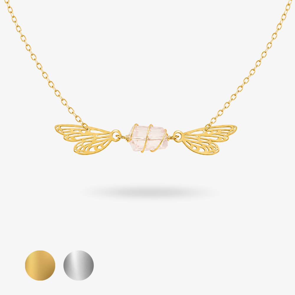 FEYRA ✦ Choker Kette mit Rosenquarz und Feenflügeln