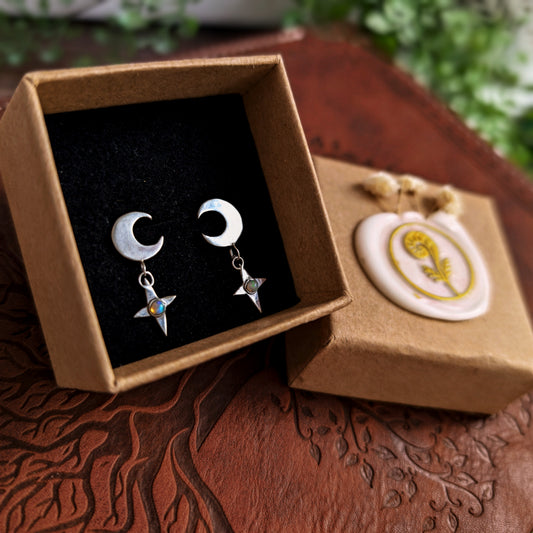 STARDROP - Ohrringe | 925 Silber & 999 Silber, Stecker mit Mond, Sternanhänger und Opal