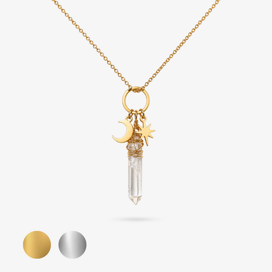 SAGA • Edelstahl Kette mit Bergkristall, Mond & Stern